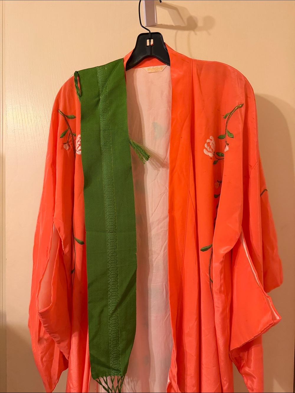 Coral Embroidered Kimono Jacket with Green Sash